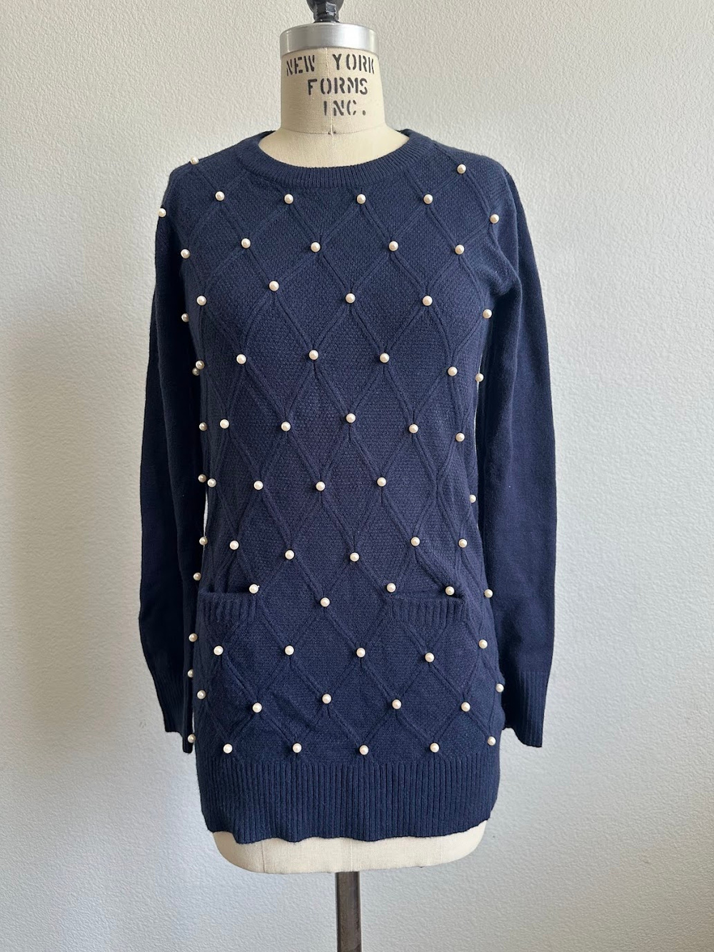 Miss Morena Navy Pearl Embellished Knit Sweater Tunic Size Medium